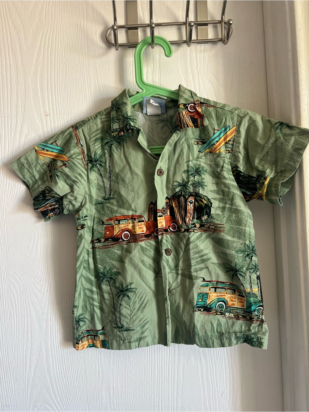 RJC Kids Hawaiian Button Down Shirt Green Palm Leaves Size 6 Cotton Made Hawaii